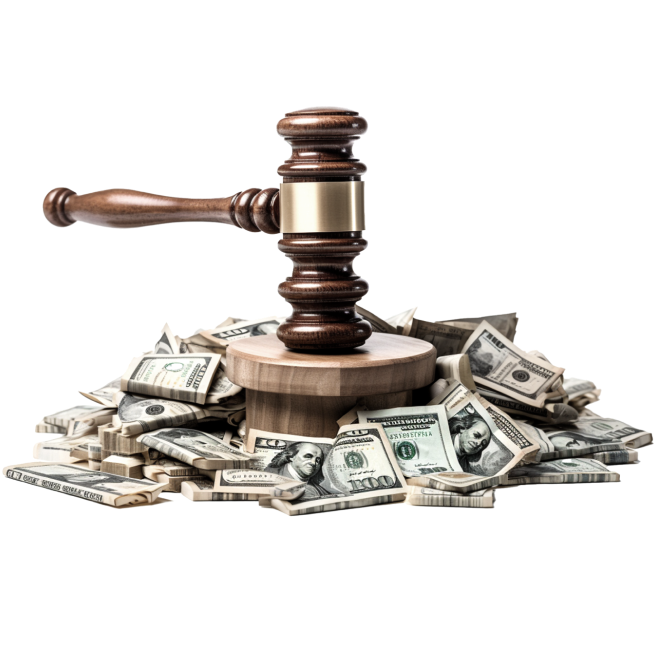A gavel placed upon a pile of money